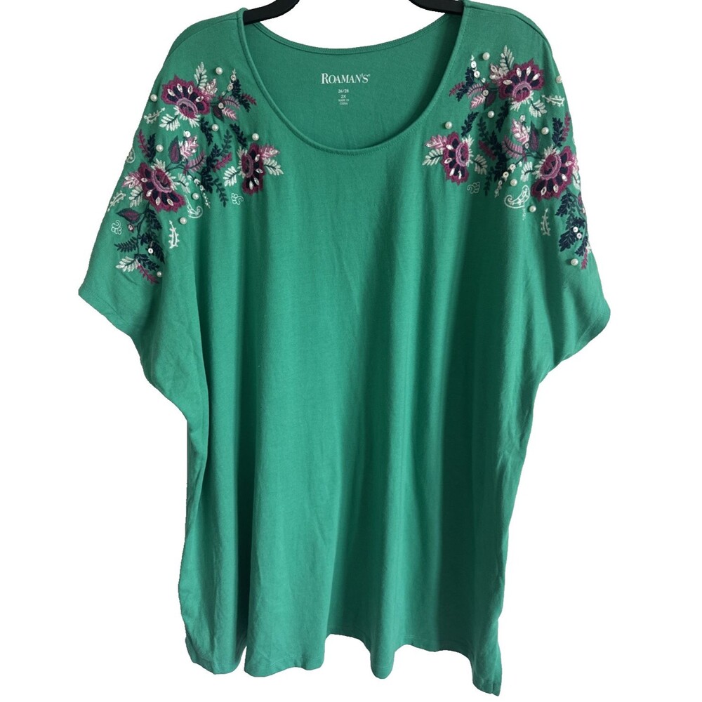 Roaman's 2X Shirt Top Green Embellished Embroidered Floral Shoulders 26/28